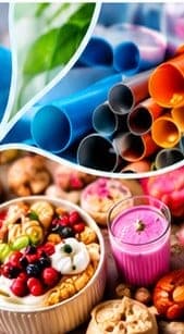 Coloured polymer pipes above a bowl of fruit, nuts and a pink smoothie.