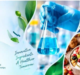 A scientist in blue gloves holding a flask of blue liquid, with the words Innovative Ingredients. A Healthier Tomorrow.
